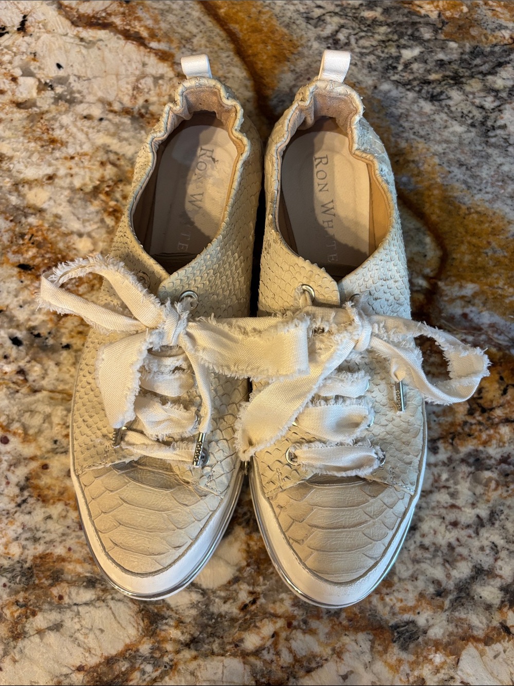 Ron White Ivory Textured Women's Sneakers with Frayed Fabric Laces-Size 37 1/2
